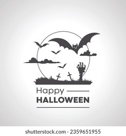 happy halloween icon with Cemetery silhouette graveyard and zombie hand from grave