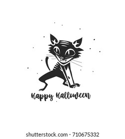 Happy halloween icon, clever cat, eyes, symbol, cartoon, celebration, festival, white background, vector illustration