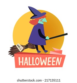 Happy Halloween icon. Flat icon with witch flying on broom and ribbon for text. Logo concept. Colorful vector illustration isolated on white. 