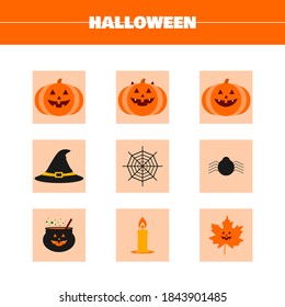 Happy Halloween. Icon pumpkin, witch hat, spider web, spider, magic pot, candle and maple leaf. Halloween set