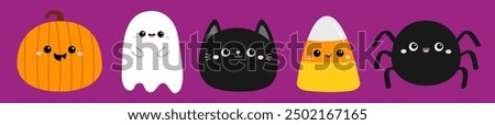 Happy Halloween icon set. Bat, Ghost spirit, Black cat, spider, Candy corn, pumpkin with face. Cute cartoon kawaii funny baby character. Childish style. Flat design. Violet background. Isolated Vector