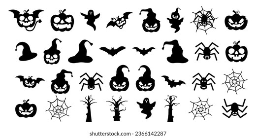 Happy Halloween Icon Set Black White. Pumkin. Ghost. Tree. Spider