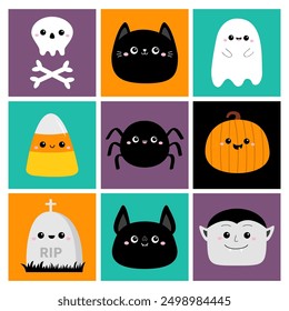 Happy Halloween icon set. Black cat, bat, gravestone candy corn, spider, ghost spirit, pumpkin, Dracula, skull bone. Cute cartoon kawaii funny baby character. Flat design. Colorful background. Vector