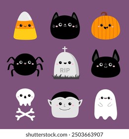 Conjunto de iconos de Halloween feliz. Caramelo de maíz, araña, espíritu fantasma, calabaza, gato negro, murciélago, lápida, hueso del cráneo de Drácula. Caricatura linda kawaii personaje divertido del bebé. Diseño plano. Fondo violeta. Vector