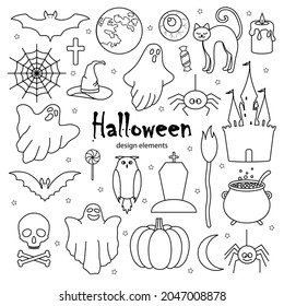 Happy Halloween icon set in doodle style. Vector illustration.