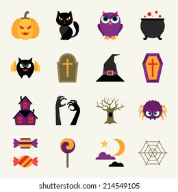 Happy Halloween icon set in flat design style.