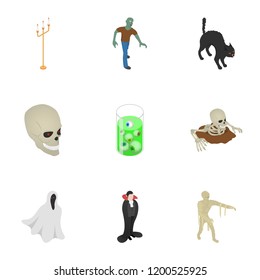 Happy halloween icon set. Isometric set of happy halloween vector icons for web design isolated on white background