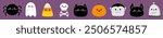 Happy Halloween icon set line. Pumpkin, candy corn, spider, ghost spirit, black cat, bat, gravestone, Dracula, skull bone. Cute cartoon kawaii funny character. Flat design. Violet background. Vector