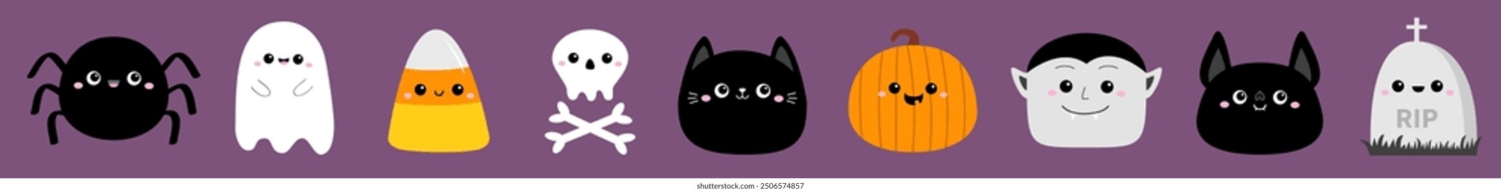 Happy Halloween icon set line. Pumpkin, candy corn, spider, ghost spirit, black cat, bat, gravestone, Dracula, skull bone. Cute cartoon kawaii funny character. Flat design. Violet background. Vector