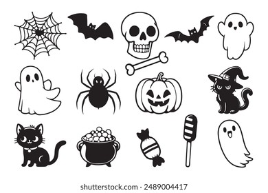 Happy Halloween Icon Set silhouette vector pumpkin, ghost, cat, spider, web, bat, sweet, chocolate, ice-cream, isolated on white background.