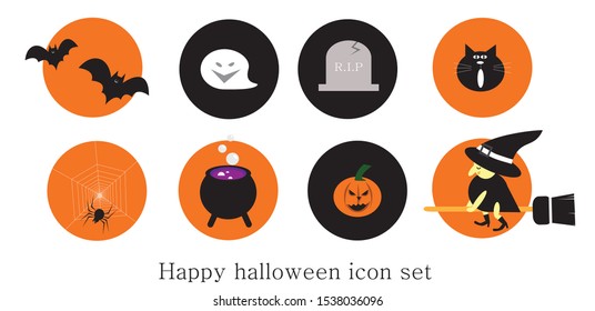 happy Halloween icon set of vector such as bat,ghost,black cat,spider,cauldron,pumpkin,witch is riding the broom, potion,tombstone with R.I.P letter on it.