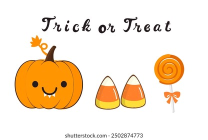 Happy Halloween icon signs with pumpkin cartoon, candy corn and lollypop isolated on white background vector.