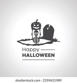 happy halloween icon. skeleton from grave with pumpkin icon