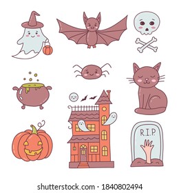 Happy Halloween icons collection. Cute cartoon hand drawn. Kawaii style. Vector illustration.
