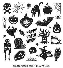 Happy Halloween icons collection. Vector illustration of funny black and white Halloween symbols such as skeleton, grave, skull, pumpkin, owl, toad, cat, ghost and a witch isolated on white.