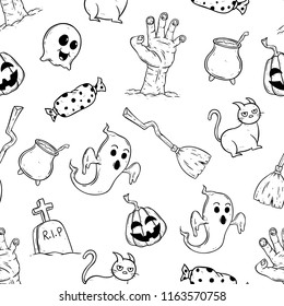 happy halloween icons in seamless pattern with hand drawn style