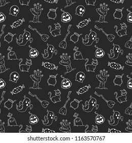 happy halloween icons in seamless pattern with hand drawn style on chalkboard background