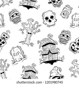 happy halloween icons in seamless pattern with hand drawn style