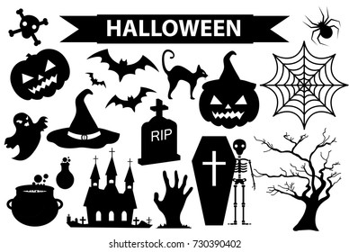 Happy Halloween icons set, black silhouette style. Isolated on white background. Halloween collection of design elements with pumpkin,  spider, zombie, skull, coffin, bat. Vector illustration