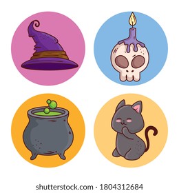 happy halloween icons set decoration on round frames vector illustration design