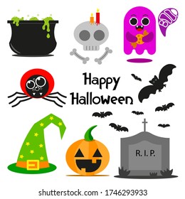 Happy Halloween. Halloween icons set. Flat design funny halloween illustrations: potion, skull, pumpkin, ghost, spider, cat, bat, hat, monument.