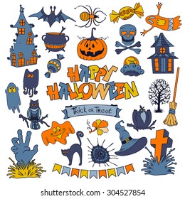 Happy Halloween icons set with various elements of holiday isolated on white background. Vector illustration.