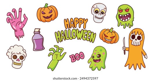 Happy Halloween illustrated set of vector elements. Pumpkin, skull, slime, monster, ghost, poison.