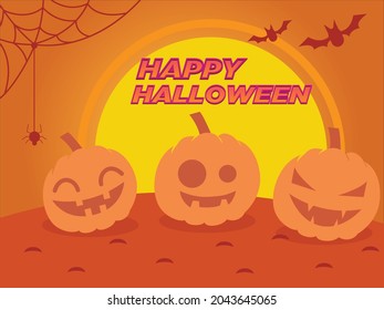 Happy Halloween illustration or banner background with orange color and pumpkins in vector style. Vector illustration. Full moon in the sky, spiders web and flying bats. Place for text
