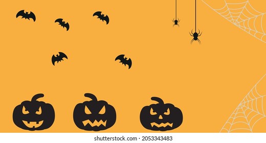 Happy Halloween illustration or banner with an invitation to a pumpkin party in a cut style. Orange pumpkin with a creepy smile and bats. Vector illustration. 