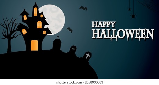 Happy Halloween illustration or banner with an invitation to a pumpkin party in a cut style. An frightening house and Moon. Vector illustration.