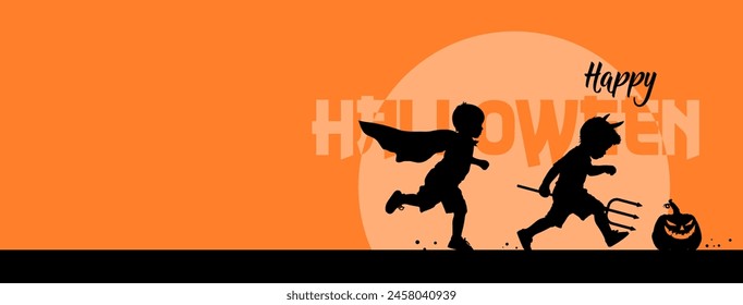 Happy Halloween - illustration, banner poster. Kids in Halloween costumes