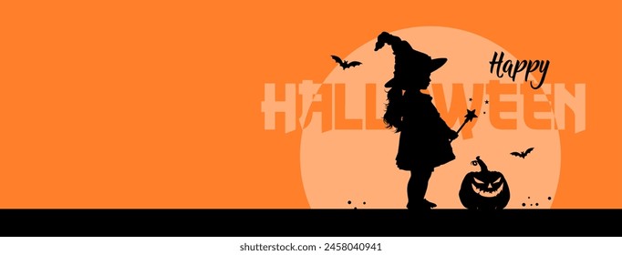 Happy Halloween - illustration, banner poster. Kids in Halloween costumes