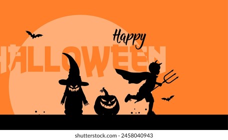 Happy Halloween - illustration, banner poster. Kids in Halloween costumes