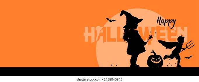Happy Halloween - illustration, banner poster. Kids in Halloween costumes
