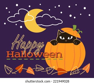 Happy Halloween Illustration of Black Cat in a Pumpkin with Moon in Sky and purple background