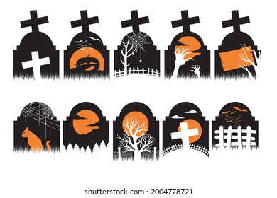 Happy Halloween. Halloween illustration card collection with haunted house, graveyard, pumpkin and haunted tree 