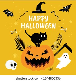 Happy Halloween illustration card with yellow background. Vector pumpkin illustration on yellow background.