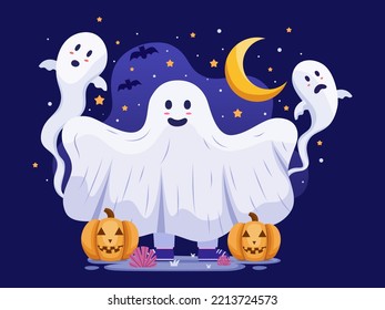 Happy Halloween Illustration Cartoon With A Person Wearing Ghost Costume and Ghost flying around. Halloween Day Illustration. Suitable For postcard, greeting card, web, banner, poster, etc