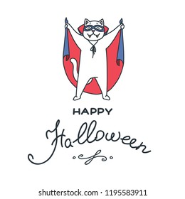 Happy Halloween. Illustration of happy cat in halloween costume isolated on white background. Vector 8 EPS.