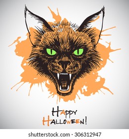 Happy Halloween illustration. Cat's head. Scary black cat with open mouth and bared fangs. Ink drawing with colorful blot. Grinning cat's muzzle with grunge splash.