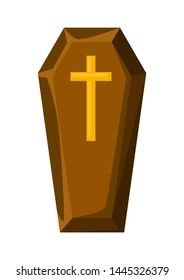 Happy halloween illustration of coffin with cross. Cartoon holiday icon.