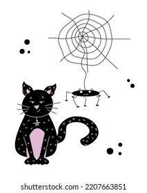 Happy Halloween illustration with cute black cat, spider web and cute funny spider. Stock vector cartoon style for greeting card, party invitation. Halloween character isolated on white background.