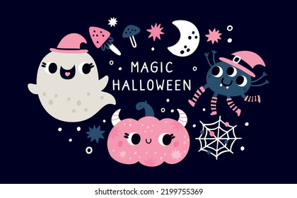 Happy Halloween illustration with cute ghost, pumpkin, spider, moon, mushrooms . Magic Halloween autumn characters for kids festive poster, childish print, greeting card