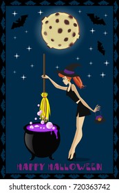 Happy Halloween illustration of cute young witch with cauldron on full moon background with stars and bats. Halloween greeting card or invitation.