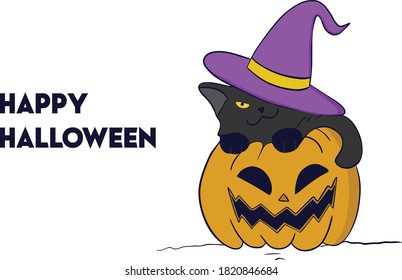 Happy halloween illustration. Halloween Design concept. Pumpkin with cat wearing cat. Scary Cat wearing hat.