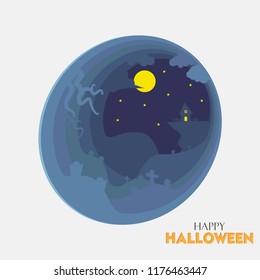 Happy Halloween Illustration. Eerie Graveyard and House in Night. Papercut style Vector Design.