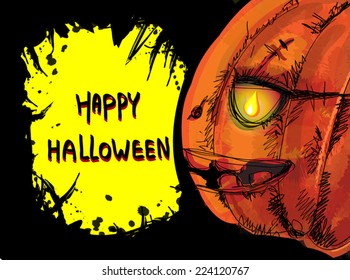 Happy Halloween illustration. Enormous pumpkin jack head with flame in it eyes  on dark and yellow background with splash of black. As poster, flayer, sticker, greeting card, party invitation.