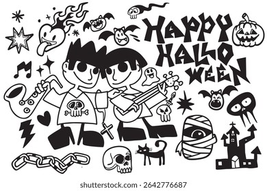 A happy halloween illustration featuring playful characters, spooky elements, and festive