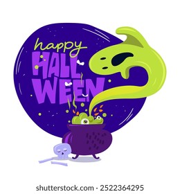 Happy Halloween. Illustration frightening ghost coming out of cauldron. Template design holiday party with green acid bubbles and a phantom silhouette.