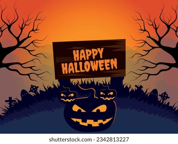 Happy halloween illustration with full glowing moon and pumpkin